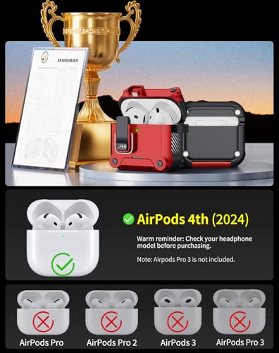 Image of Pohgelan for AirPods 4 Case with Safety Lock-Red | Magnetic Automatic Lock with Cleaning Kit&Keychain,Compatible with Magsafe