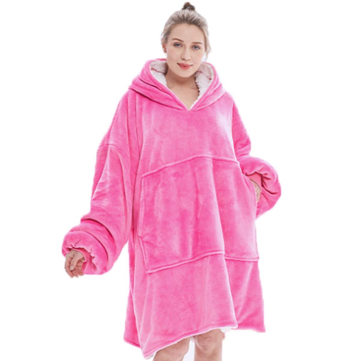 Adults Unisex Sherpa Lined Blanket Hoodie Bright Pink