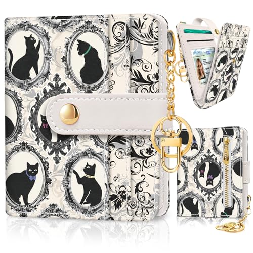 Image of Jogjam Vintage Black Cats Rfid Ladies Wallet, Small Slim Thin Compact Credit Card Women Wallet, Art Aesthetics PU Leather Bifold Cash Zipper Coin Pocket for Female