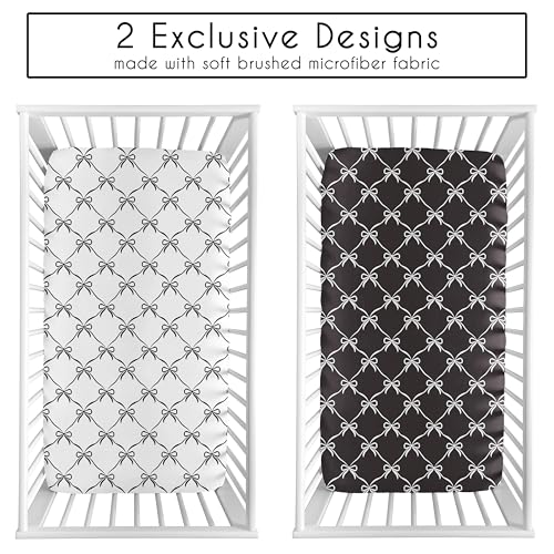 Image of Sweet Jojo Designs 2-Piece Baby Crib Sheets Set (Black and White Bows) for Girls, Infant Nursery, Toddler Room - Fitted, Standard Size (Bow for Shabby, Ballet Dancer, Ballerina Princess Collection)