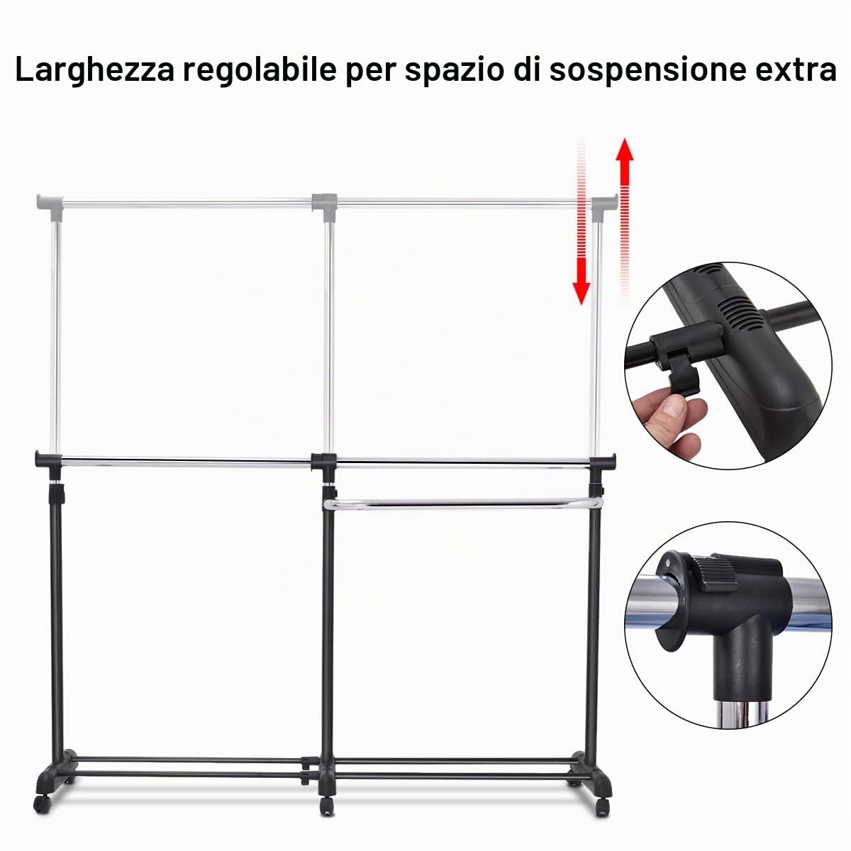 HOMASIS Stand Appendiabiti Regolabile, Attaccapanni da Terra con Ruote Universali, Rella Appendiabiti in Acciaio per Camera da Letto, Soggiorno, Nero (Modello3)