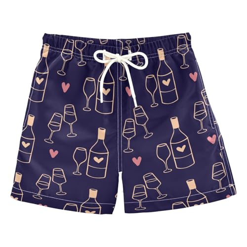 Boys Swim Trunks Quick Dry Valentines Wine Cup Beach Board Shorts with Mesh Lining Youth Swimwear 2-12T