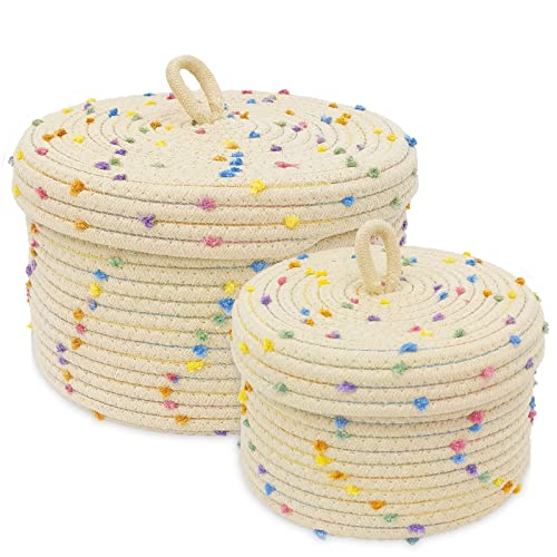 Image of Esme L&H Round Storage Baskets with Lids,Small Storage Baskets Set of 2,Cotton Rope Woven Storage Basket,Small Decorative Basket, Colorful Rainbow Pompom, Cute Storage Bins, Box for storage