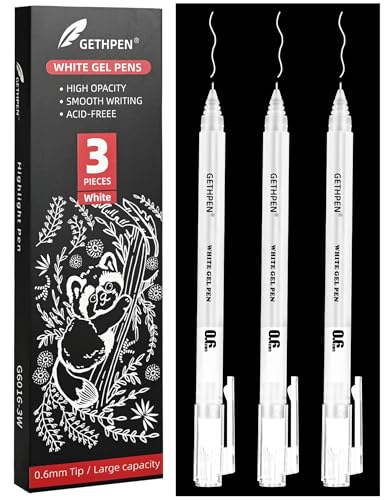 GETHPEN 0.6mm Fine Point White Gel Pens 3-Pack for Artists Drawing Sketching Illustration and Adult Coloring Books Opaque White Ink for Black Paper Bullet Journaling and Card Making