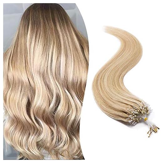 SEGO Micro Beads Hair Extensions Human Hair 14 Inch Ash blonde and bleach blonde Micro Loop Human Hair Extensions Natural Straight Micro Ring Human Hair Extensions 50g 100 Strands 18P613#