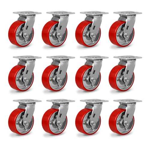 5" Heavy Duty Casters, Polyurethane Industrial Caster Wheels, Top Plate Swivel Casters(12 Swivel)