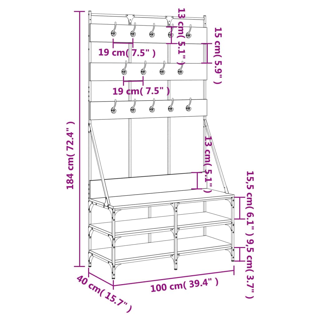 Kleiderständer mit Schuhablage Räuchereiche Holzwerkstoff und Metall 100x40x184 cm freistehend mit Haken und Rollen platzsparend für Schlafzimmer Flur Ordnung