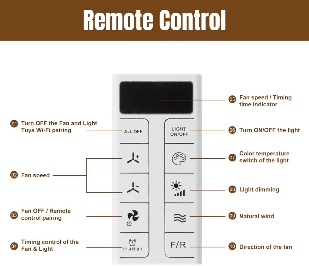 52 Inch Modern Ceiling Fan With Dimmable LED Light 5 Solid Wood Blades Smart Remote Control Reversible DC Motor (Black + Metal & Wood)