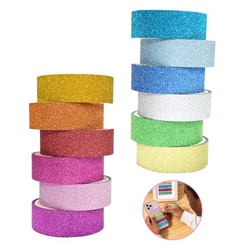 Lot de 12 Rouleaux Washi Tape Pailleté, Ruban Adhésif Décoratif Coloré pour Scrapbooking et Bricolage, Masking Tape pour Journal, Emballage Cadeau, Projets...