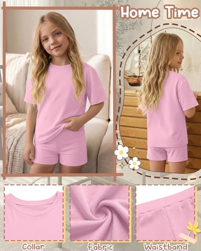 Image of Oakgarden Summer Outfits for Girls 5-14Y Athletic Casual Sets Kid Short Sleeve Shirt Bike Shorts 2 Piece Tween Trendy Clothes