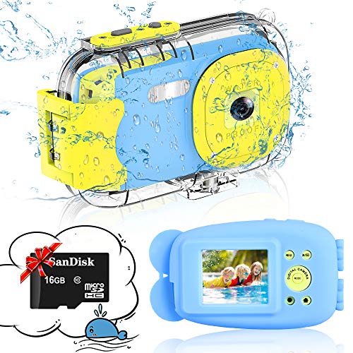 Cámara para Niños, DIWUER 1080P / 8MP Cámara Impermeable para Niños, Cámara Digital de 2 Pulgadas con Tarjeta SD de 16GB + Funda Protectora de Silicona + Funda Protectora Impermeable