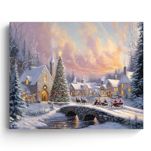 Texas Art Christmas Village Framed Canvas Wall Art, Festive Snowy