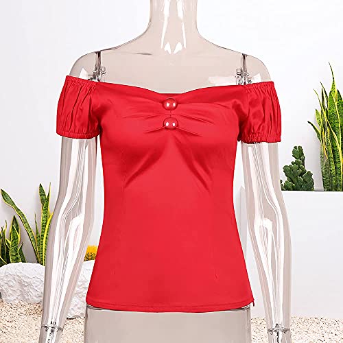 Image of YARN & INK Women's Rockabilly Tops 1950s Pinup Shirt Casual Off Shoulder Vintage Blouse