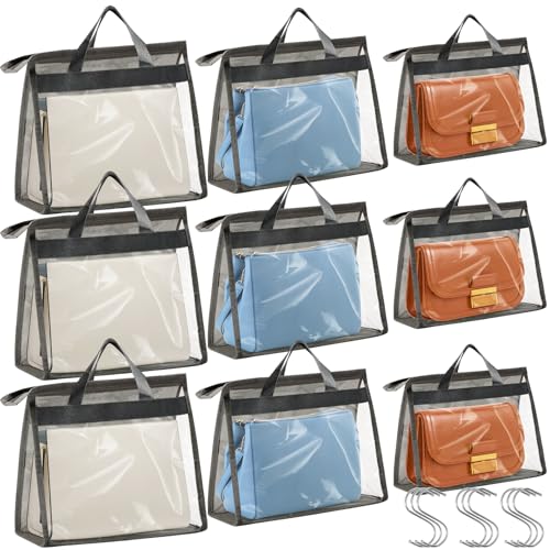 Image of 9 Pieces Storage Organizer for Handbags,3 Sizes Dust Bags for Handbag Storage,Clear Handbag Storage Bag with Zipper and Handles,Dustproof & Moistureproof (Gray)