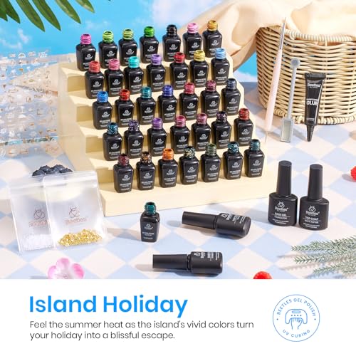 Image of Beetles Gel Nail Polish Kit - Island Holiday 36 Colors Neon Yellow Orange Hot Pink Glitter Gel Polish with Base Top Coat Matte Top Coat, Soak Off UV LED DIY Manicure Gift for Women
