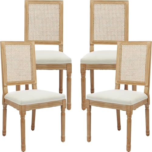 French Country Dining Chairs Set of 4, Beige Modern Kitchen & Dining Room Chairs, Rattan Dining Chair with Linen Upholstered Cushion, High Cane Back, Wood Legs, Sillas de Comedor (Beige, 4 Pcs)