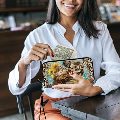 Image of Women's Wallets,Credit Card Holder Money Leather Long Wallet with Wristlet,Large Capacity with Zip-Around Phone Purse for Women Ladies Girls,Horse Leopard Print Sunflower