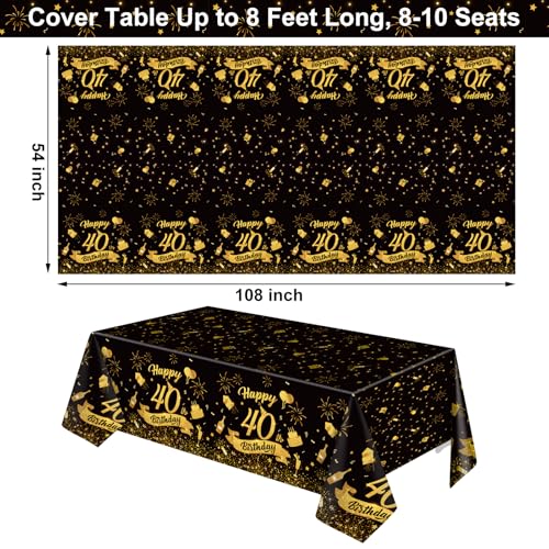Image of NatNarr 3 Pack 40th Birthday Plastic Tablecloth, 54x108 Inch Black Gold Disposable Rectangle Table Cover Waterproof Table Cloth for Birthday 40 Anniversary Party Supplies