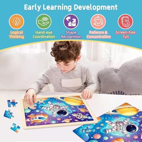 Puzzles de madera para niños de 3 a 6 años, set de 6 puzzles con 30 piezas cada uno, temas de descubrimiento mundial miniatura 3