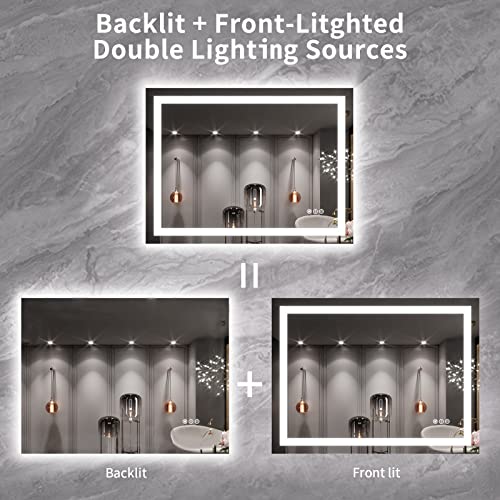 LOAAO 40X30 LED Bathroom Mirror with Lights, Anti-Fog, Dimmable, Backlit + Front Lit, Lighted Bathroom Vanity Mirror for Wall, Memory Function, Tempered Glass, ETL Listed