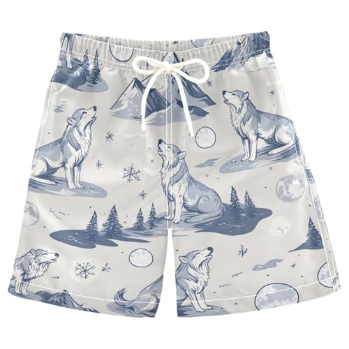 Jucciaco Boys Beach Board Shorts Wolf Snow Lunar Animal Swim Trunk Teen Swimwear