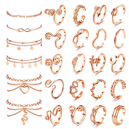 ORAZIO Toe Rings and Ankle Bracelets for Women Silver Rose Gold Plated Anklet Toe Rings Cute Layered Anklets Open Tail Ring Adjustable Beach Foot Jewelry for Summer,Rose Gold