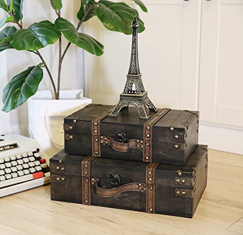 Wooden Box With Hinged Lid - Set Of 2: Decorative Vintage Suitcase Decor, Storage Trunk, Wood And Leather Pirate Treasure Chest, Antique Keepsake Luggage Memory Boxes (Worthington) #TOP4