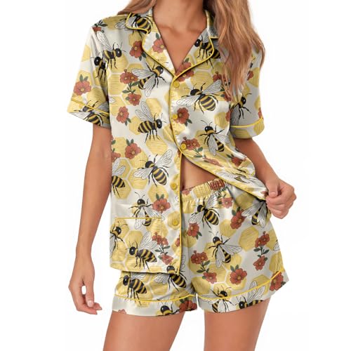 Image of Women's satin pajamas set, Short-sleeve button down Loungewear