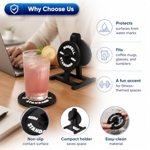 Weight Plate Coaster Set with Rack Holder, Barbell Drink Coasters - Image 5