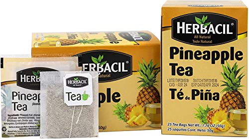 Image of Herbacil Pineapple Tea, Herbal Blend with Dehydrated Pineapple Fruit, Caffeine-Free, All Natural, 2-Pack of 25 bags per box (50 Tea Bags), 1.76 oz Each