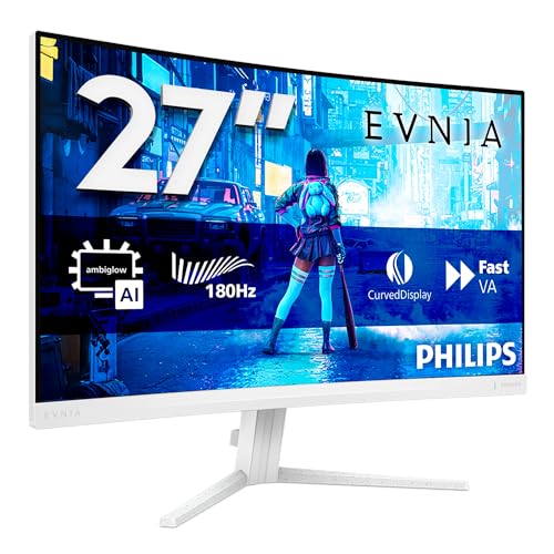 Philips Evnia 27M2C5201L - 27 Zoll Full HD Curved Gaming Monitor, 180 Hz, 1 ms, FreeSync Premium, HDR10, Ambiglow (1920x1080, 2X HDMI 2.0, 1x DisplayPort 1.4) Weiss