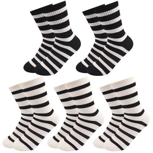 JoJoManly 5 Pairs Retro Black White Bold Striped Socks for Women Girls Cute Soft Combed Cotton Casual Quarter Socks Athletic Sports Ribbed Strip Novelty Socks