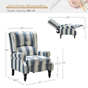 Hulala home upholstered wingback recliner chair set of 2 small adjustable footrest push back single reclining sofa mid century modern lounge armchair for living room bedroom readingstripe navy  urban country home decor