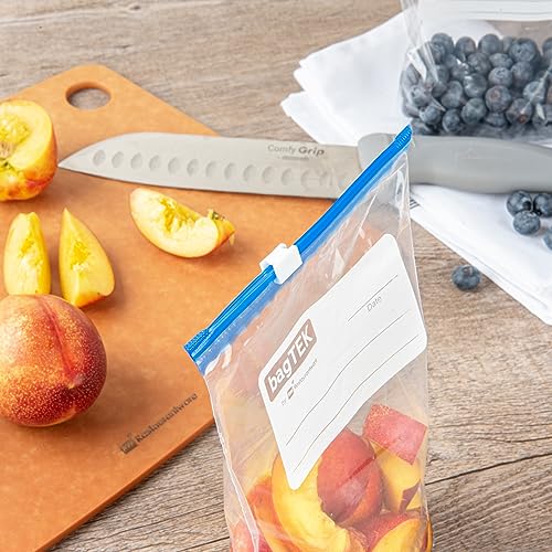 Image of Restaurantware-Bag Tek 1 Quart Freezer Slider Bags, 25 Disposable Zipper Pouch Bags - Slide Zipper, Expandable Bottom, Clear Plastic Freezer Bag, With Write-On-Label, For Food Storage