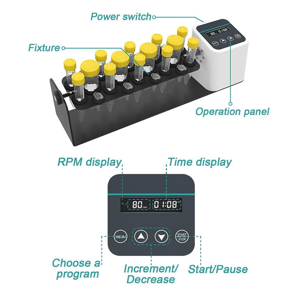 Digitaler Labor-Rollenmischer/Schüttler – Langachsiger Rotationsmischer für 2/5/10/15/50-ml-Röhrchen, Drehzahl einstellbar von 20–80 U/min, Timer und Dauerbetrieb, ideal für den Laboreinsatz