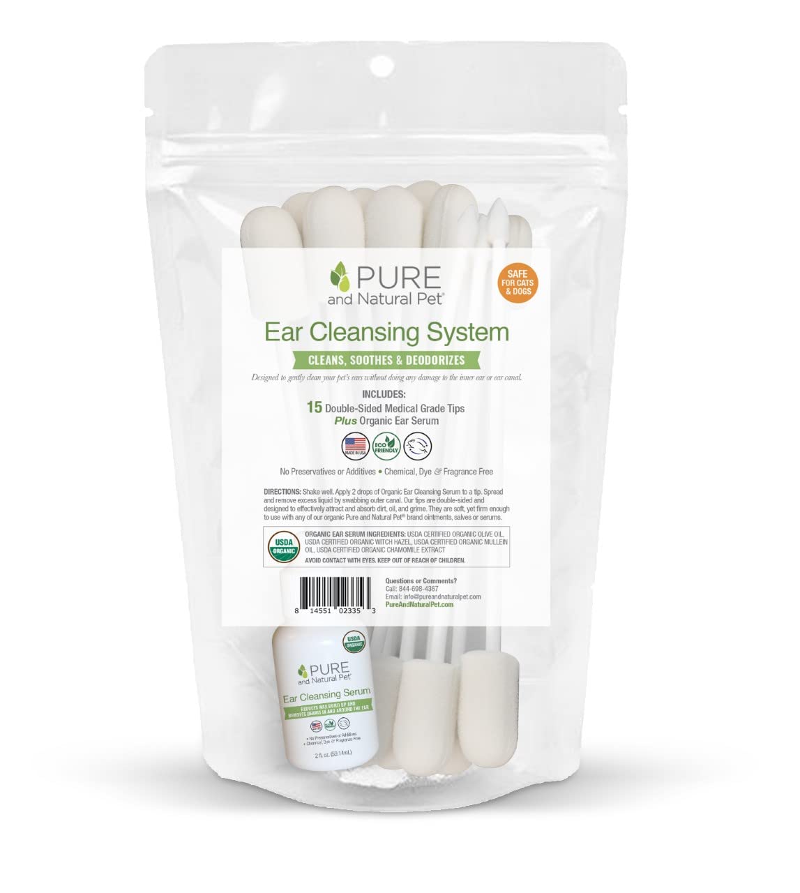 Pure and Natural Pet Canine Ear Cleansing System (2 oz USDA Organic Ear Serum & Medical Grade Double Sided Tips 15 ct)