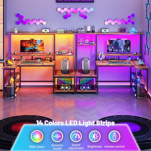 Image of DurayLoly Computer Desk with Hutch,Power Outlets and RGB Light to Protect Eyes,Teen Desk with Shelves for Bookshelf,Reversible Workstation with Printer Space and Monitor Stand for Small Room,Brown