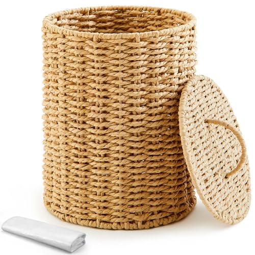 Image of Ctosree 1.3 Gallons Small Trash Can with Lid Handle Boho Woven Braided Bathroom Waste Basket Trash Can with 100 Garbage Bags for Bedroom Office Laundry(Braided Paper Rope, Primary Color)