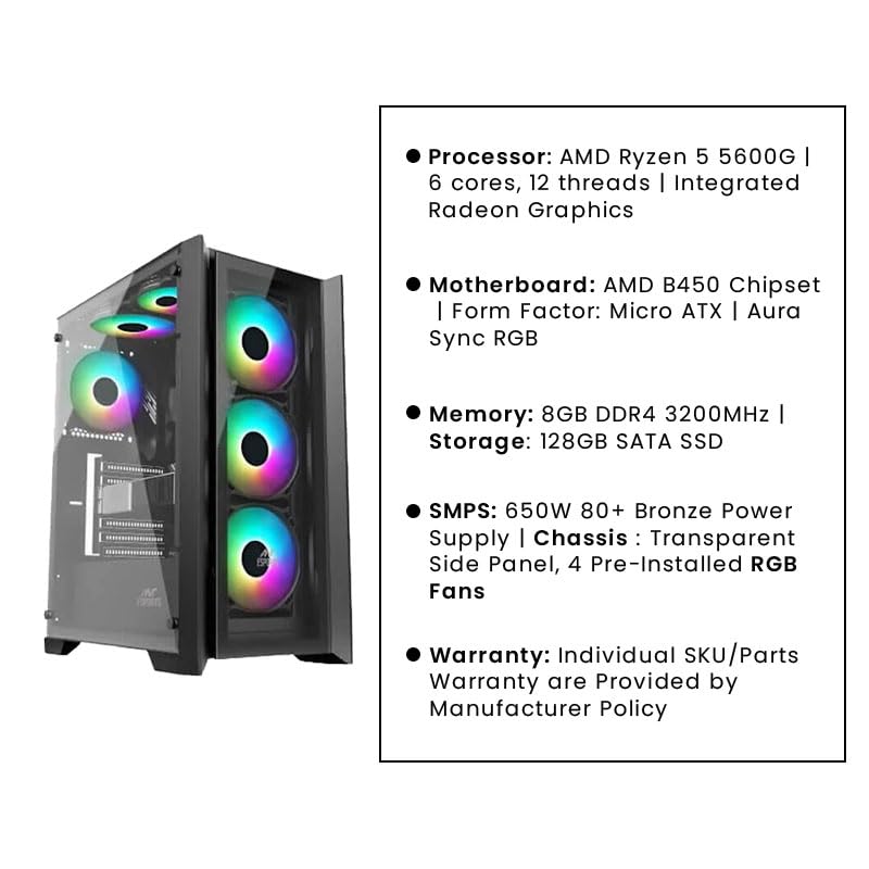 Image of Inception III Pre Build Entry Level Home /Student Desktop PC (Ryzen 5 5600G CPU, B450 Motherboard, 8GB 3200MHZ DDR4 RAM, 512GB SSD, 650 Watt SMPS, ATX Mid Tower RGB Cabinet)