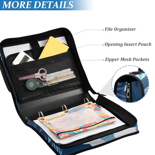 Image of Sharks Blue Ocean Zipper Binder Bag 3 Ring Binder with Shoulder Strap Zip Up 500 Sheets Capacity Multi Pockets for School Office Supplies