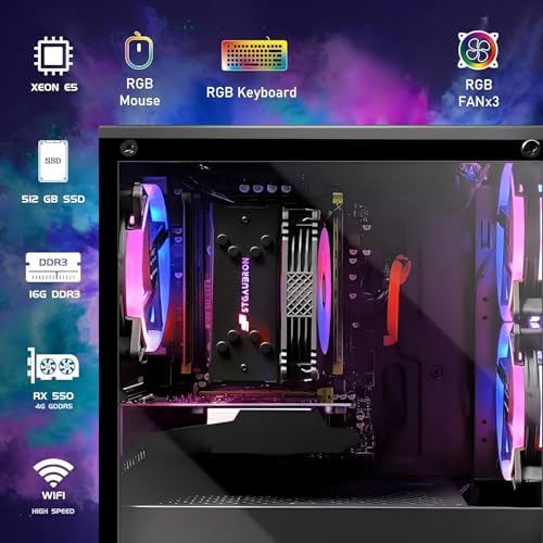 Image of STGAubron Gaming PC Desktop, Radeon RX 550 4G, Intel i7 Xeon E5 2.5GHz, 16G RAM, 512GB SSD, WiFi 6, BT 5.0, RGB Fan x3, Windows 11 Home