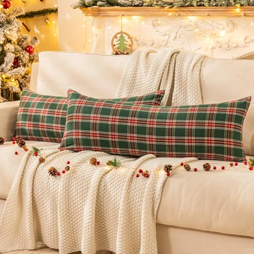 Image of AQOTHES Christmas Plaid Decorative Throw Pillow Covers Green Red 14x36
