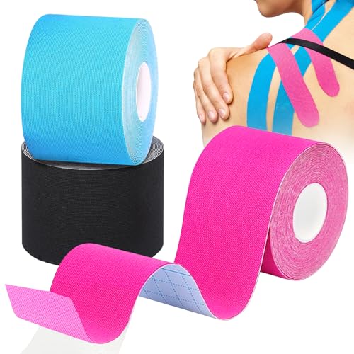 Kinesiologie Tape Sport (3 rollos de 5 m), cinta deportiva elástica de algodón, cinta autoadhesiva para músculos y articulaciones, 5 cm de ancho (azul, negro y rosa)