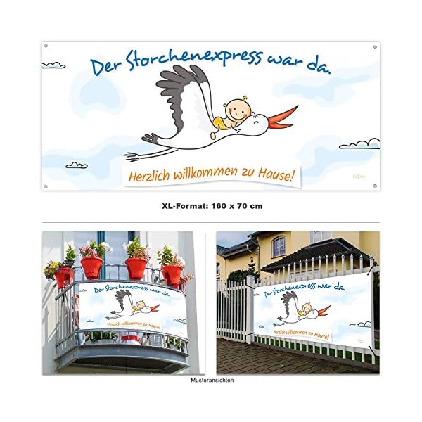 XXL Banner SET zur Geburt I Storch + Baby I Universal I wetterfest I personalisierbar I inkl. Kabelbinder & Stift I 160…