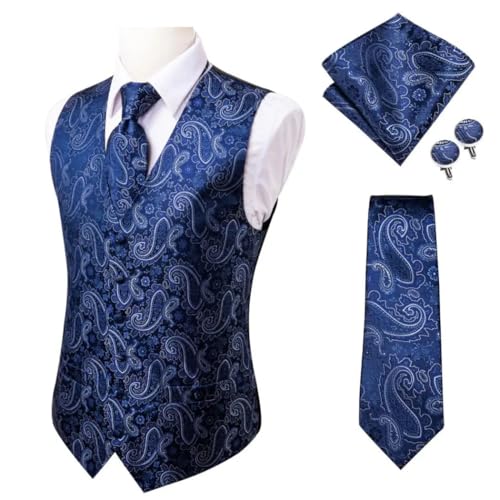 Men's Silk Paisley Slim Fit Waistcoat Tie Hanky Cufflinks Set for Wedding Suit Business Party2