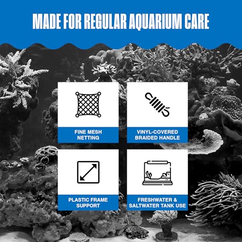 Image of Penn-Plax Quick-Net Aquarium Fish Net - 5 x 4 in Fine Mesh, 16 in Vinyl-Covered Braided Long Handle - Small Aquarium Cleaning Tool for Gentle Fish Handling - Use in Freshwater & Saltwater Tanks - Blue