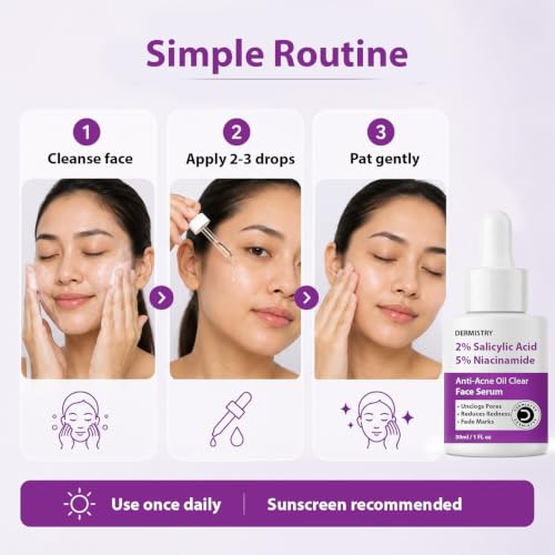 Image of Dermistry 2% Salicylic Acid 5% Niacinamide Zinc Spots Corrector Face Serum for Oily Acne Prone Skin Exfoliating Open Pores Oil Control & Removal Pimples Scar Marks Blemishes Men Women Boys Girls 30ml