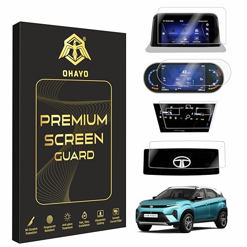 Image of OHAYO 4 Pack Screen Protector for Tata Nexon 2023 Facelift Creative - 7 inch Infotainment, Instrument Cluster, Steering & AC Panel Protection | 9H Hardness, Military Strength, Scratch Resistant HD Clear Guard | Not Tempered Glass