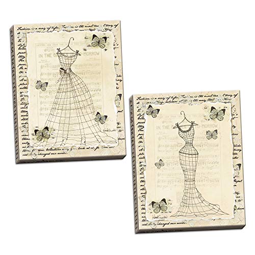 Gango Home Décor Vintage Womens Fashion Silhouette Forms; Butterfly and Music Sheet Background; Two 16x20in Canvases