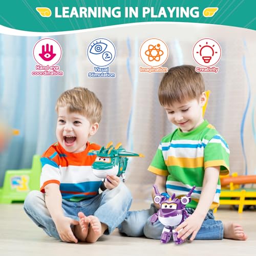 Super Wings Transformable Toys, 5 in Sally and Tino Dinosaur Airplane Transfomming Figures Toys Set, 2 in 1 Mode Rescue Bots Toy for 3-5 Year Old Boys Girls, Plane Toy for Toddlers Kids Age 3 4 5 6